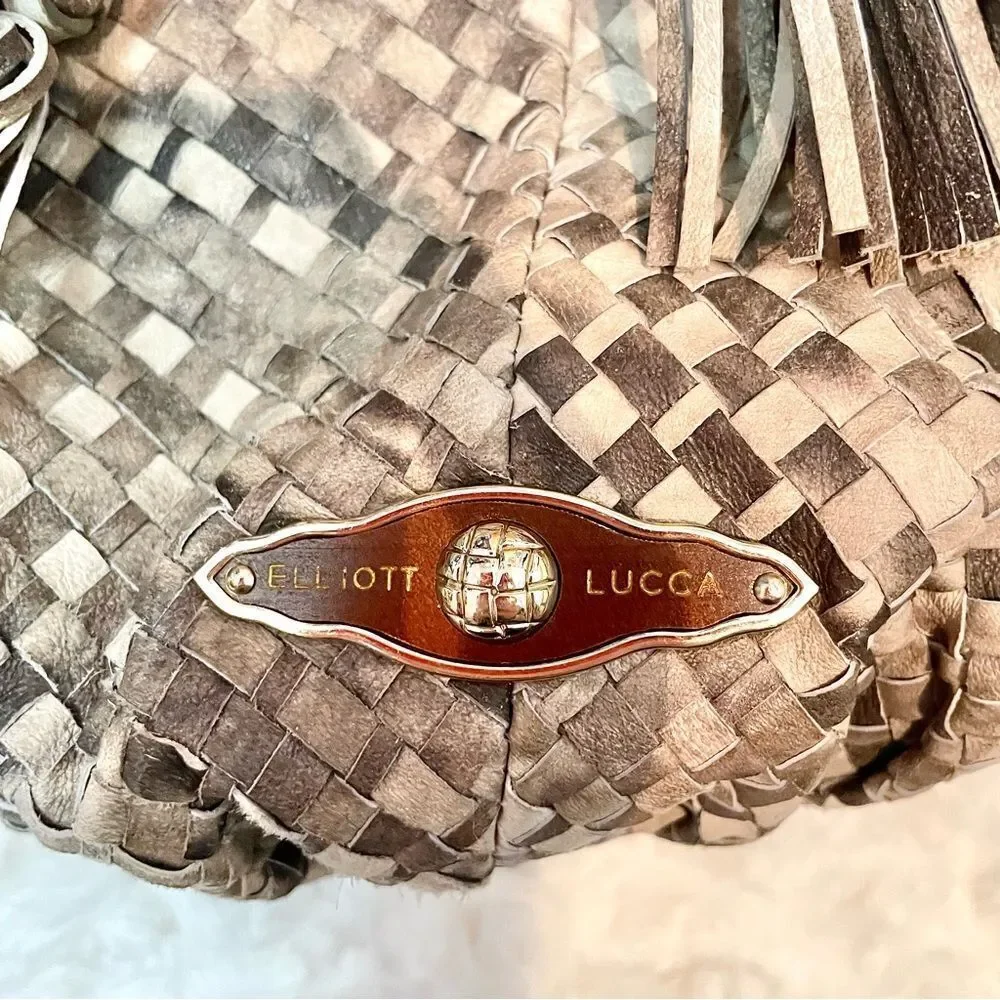 Elliott Lucca Snakeskin Embossed Leather Weave Bucket Hobo Shoulder Purse